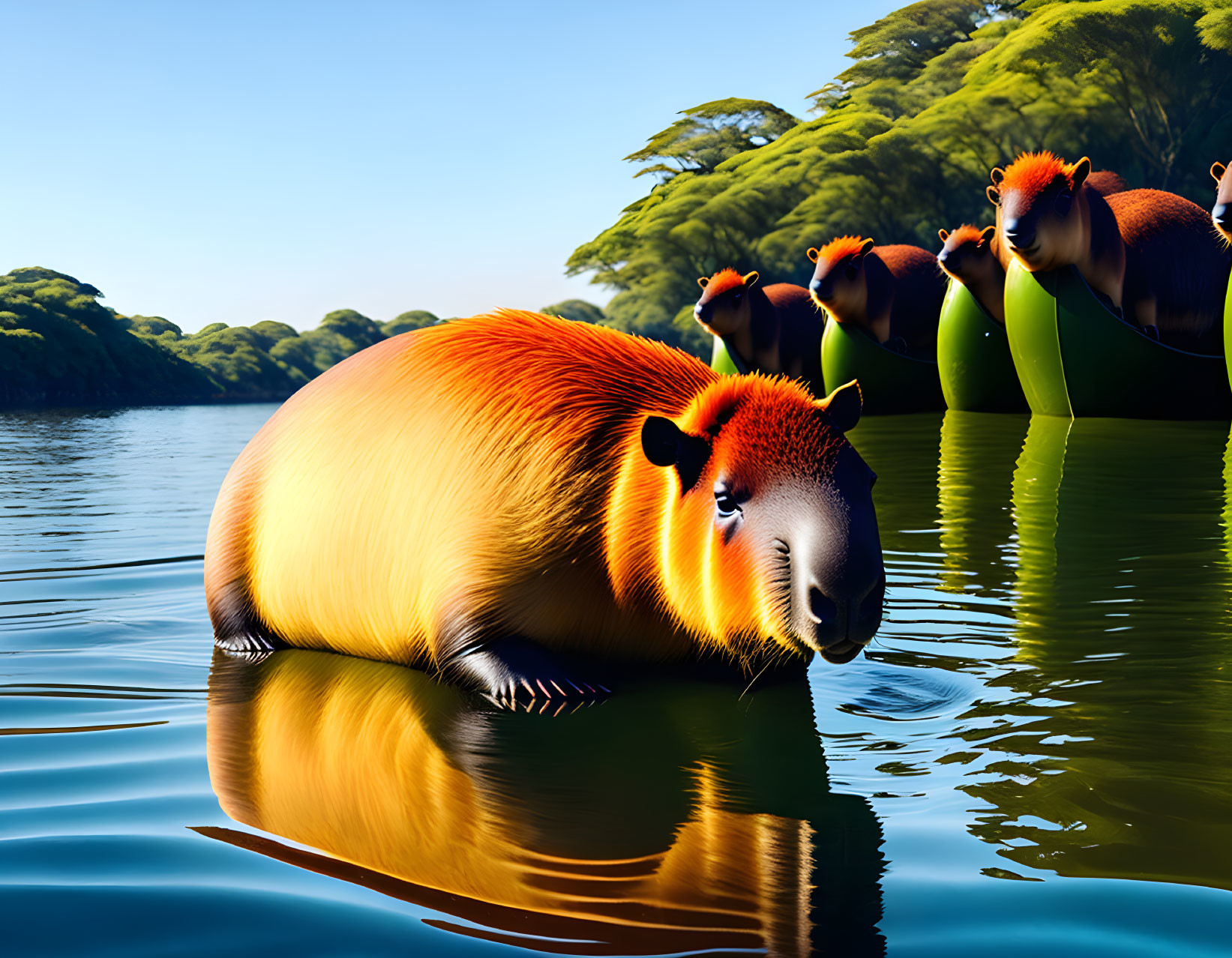 Vibrant orange and yellow capybara in surreal landscape
