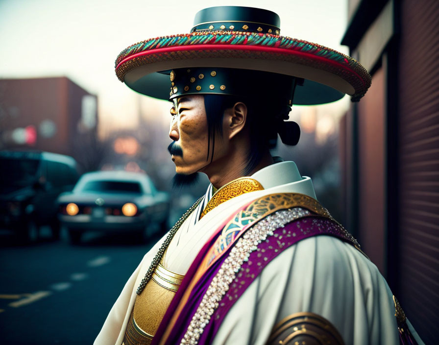 Traditional Korean royal attire with large colorful hat in city street at dusk