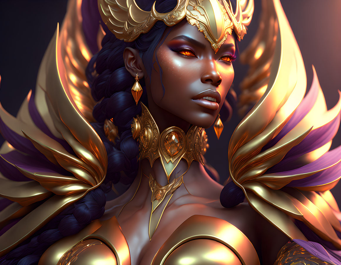 Regal female character in golden armor and purple accents