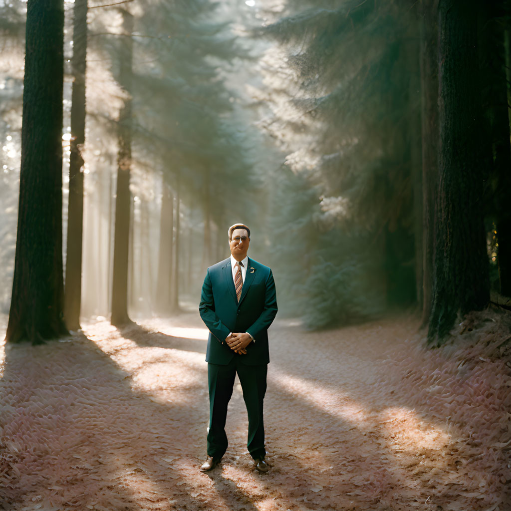 Man in suit on forest path with sunbeams filtering through tall trees