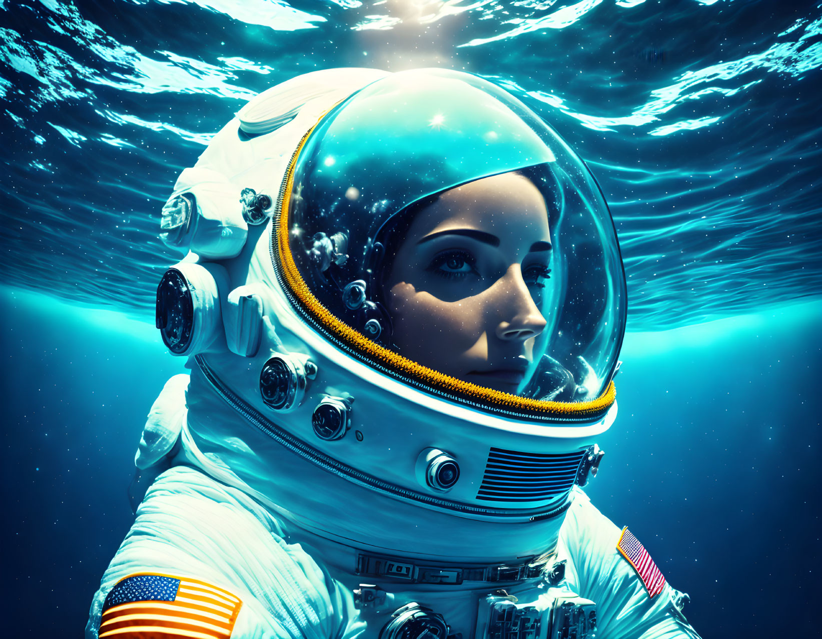 Astronaut with reflective visor underwater, stars reflected in helmet