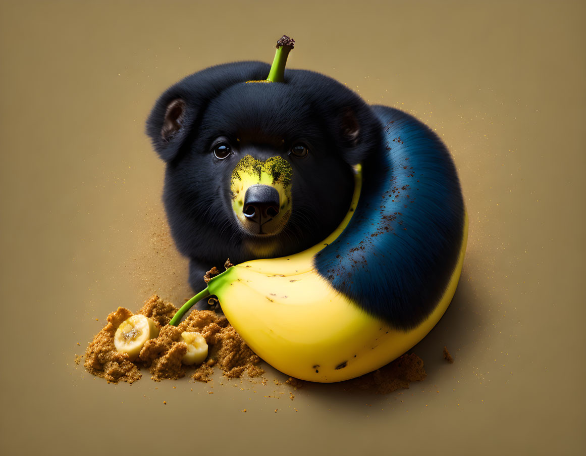 Surreal bear-banana fusion on brown background
