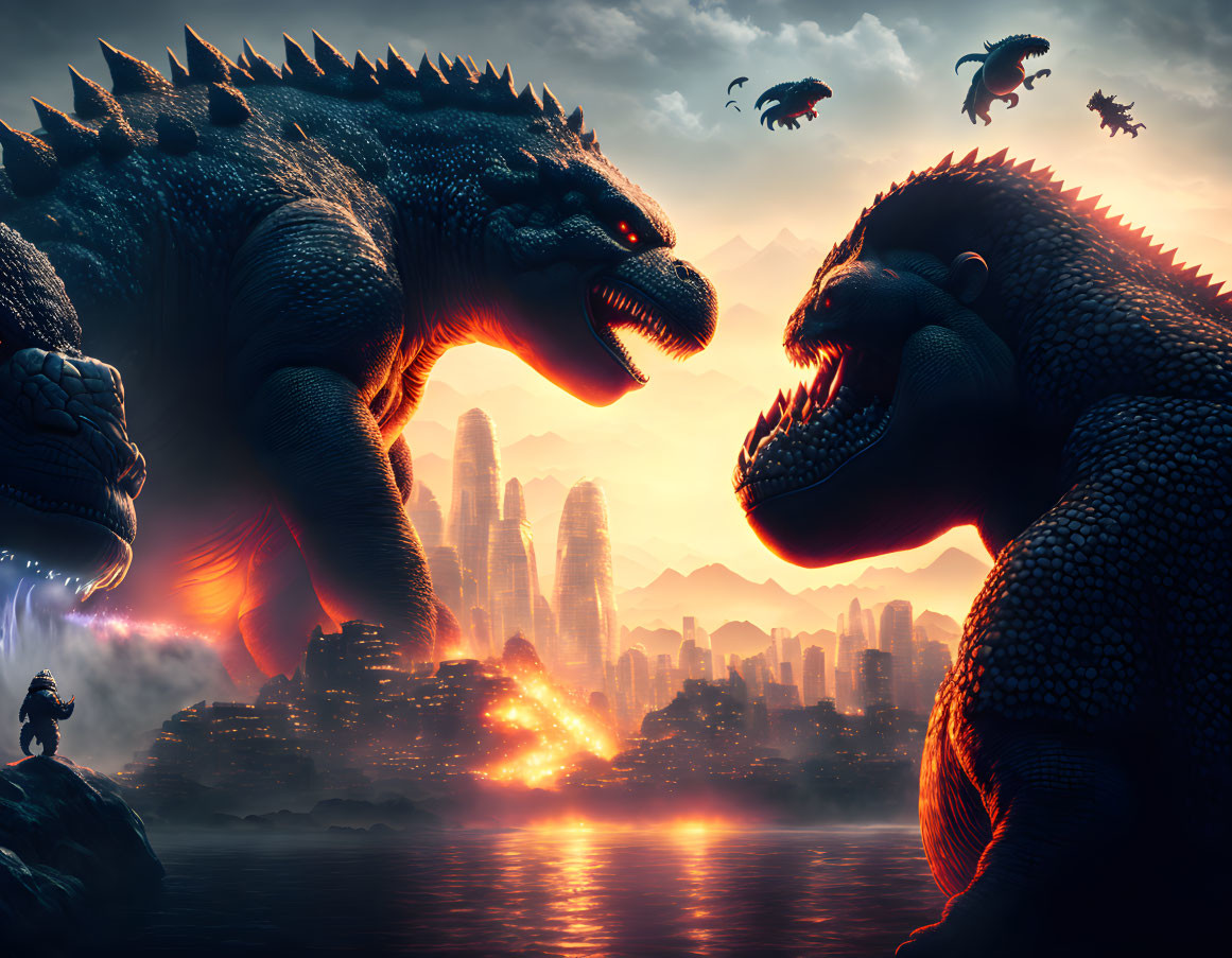 Colossal monsters face off at sunset with fire-breathing and flying creatures in dramatic sky