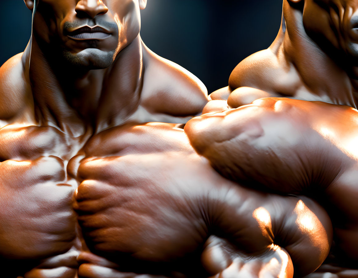 Muscular individuals showcasing flexed biceps and clenched fists