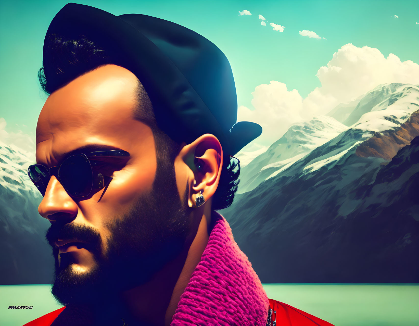 Digital portrait of bearded man in sunglasses and beret with mountain and lake backdrop