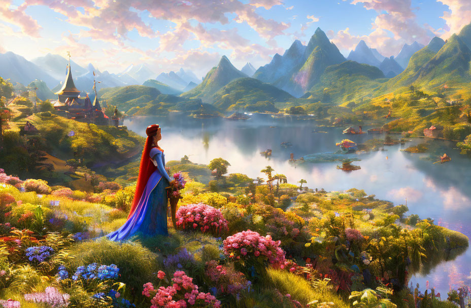 Regal figure in vibrant landscape with serene lake