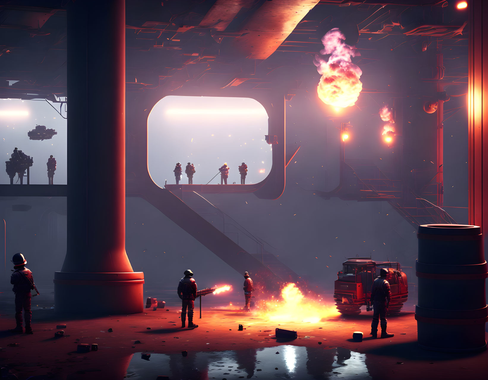 Armed figures, hovering vehicle, fiery explosions in futuristic industrial setting