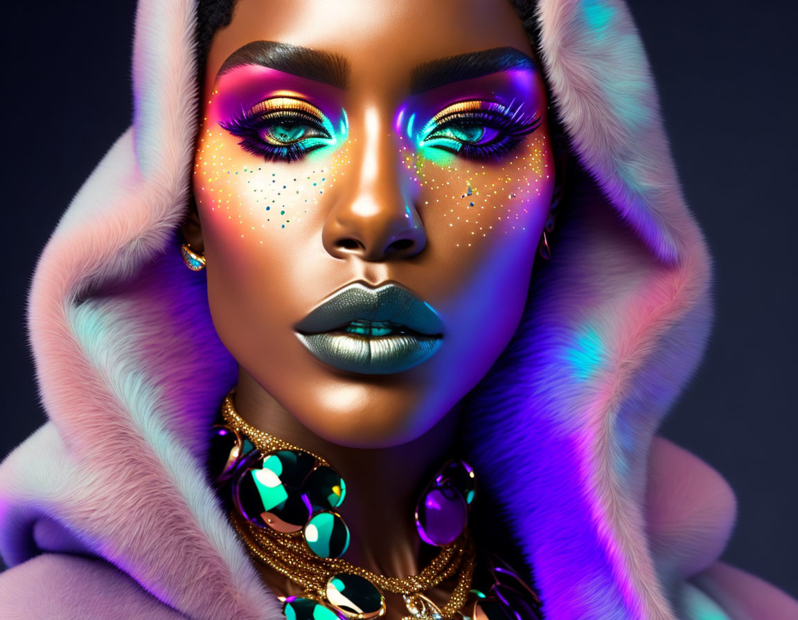 Colorful Neon Makeup with Glitter Accents and Bold Lips