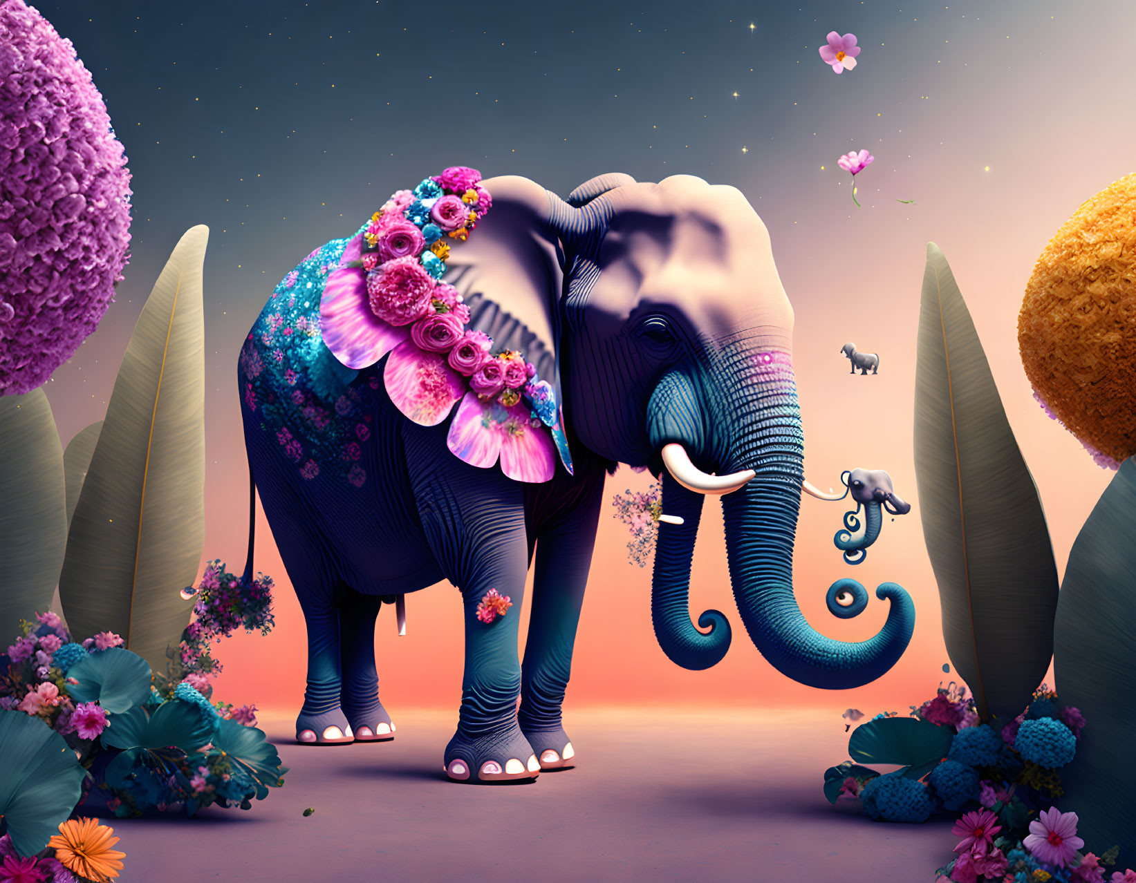 Colorful Fantasy Landscape with Decorated Elephant and Butterflies