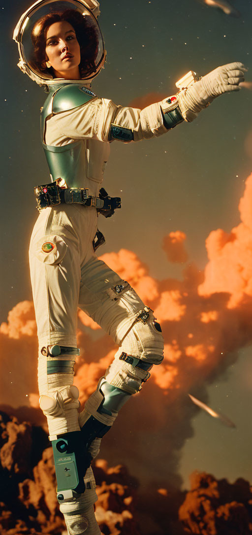 Vintage spacesuit astronaut floats above Earth with orange clouds and distant spaceship