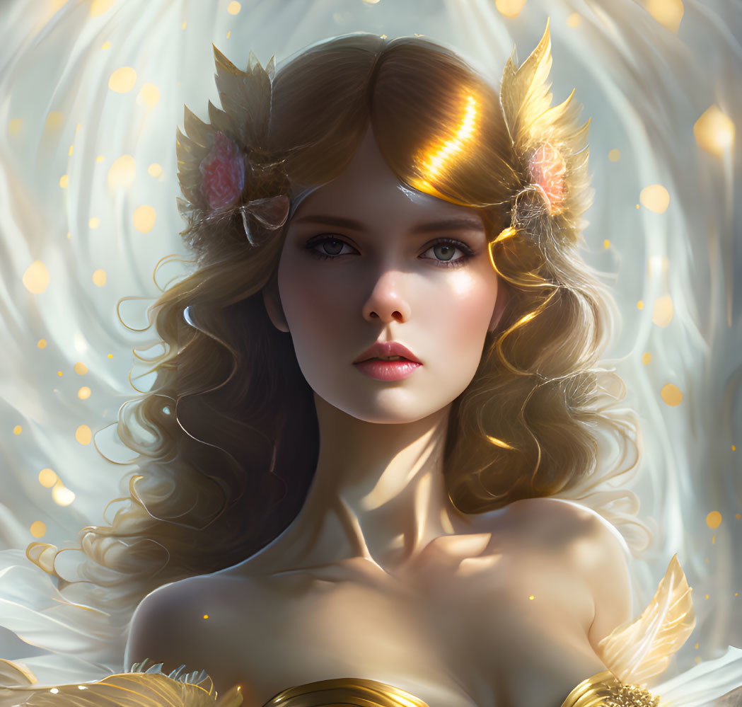 Digital painting of mythical woman with golden feathered hair accessories in luminous setting.