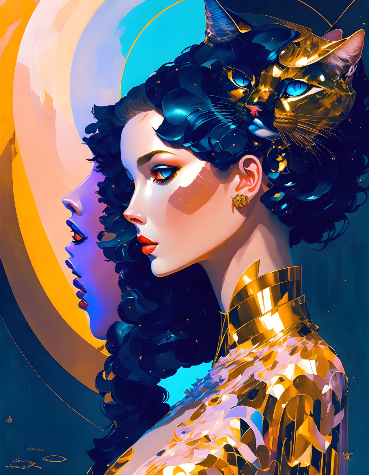 Stylized illustration of a woman with blue hair, gold accents, moon, and cat