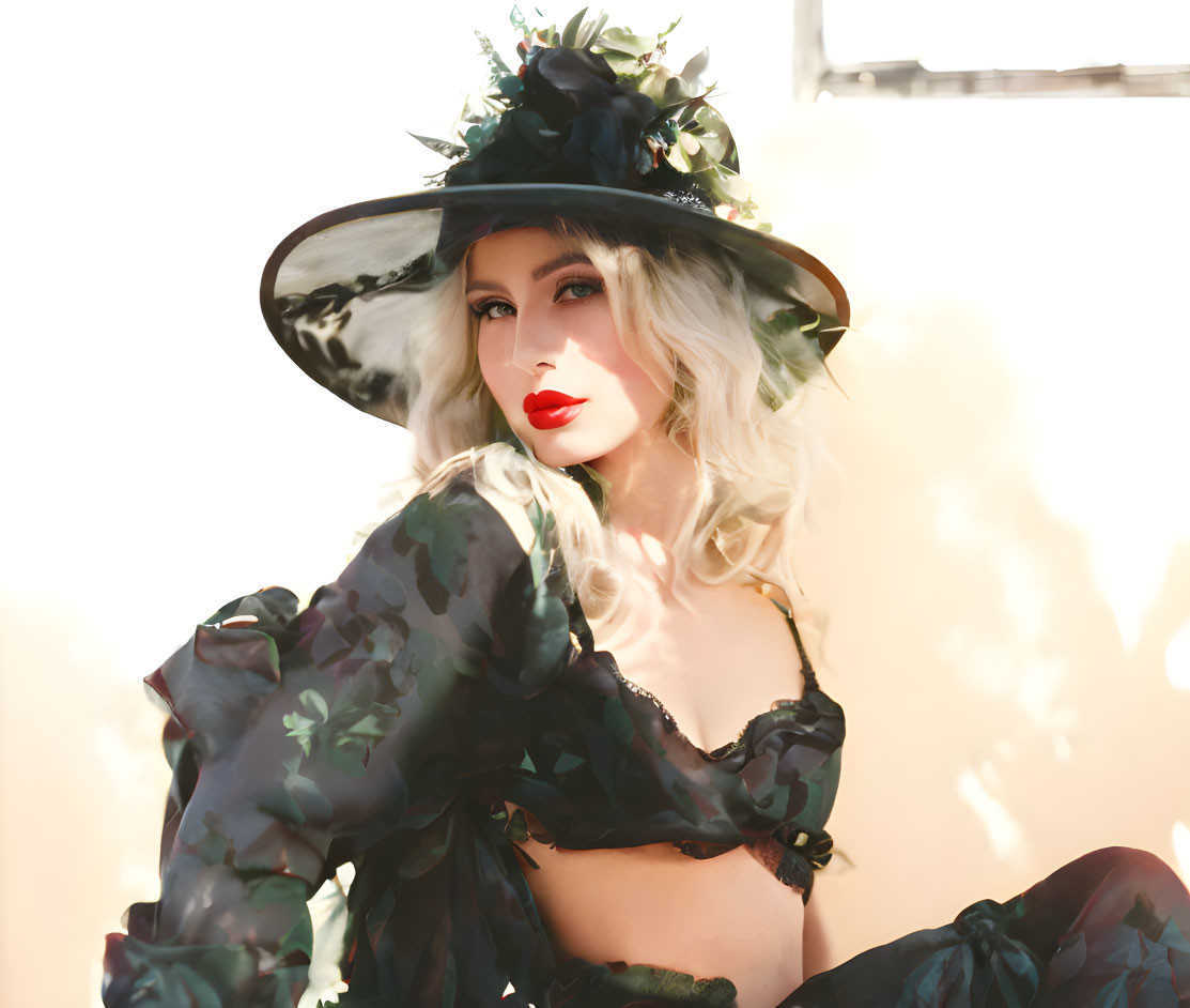 Woman in large black hat and red lipstick poses in sheer leaf-patterned blouse