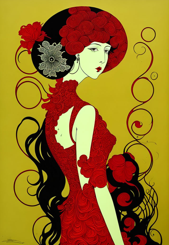 Illustration of Woman with Red Hair and Dress on Yellow Background