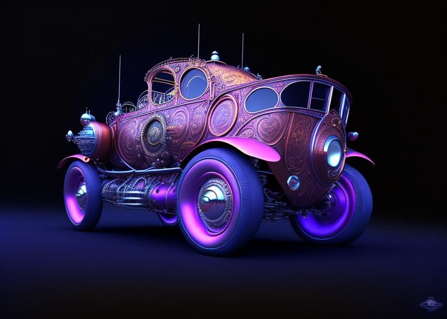 Steampunk-Inspired Vehicle with Copper Detailing and Purple Glow