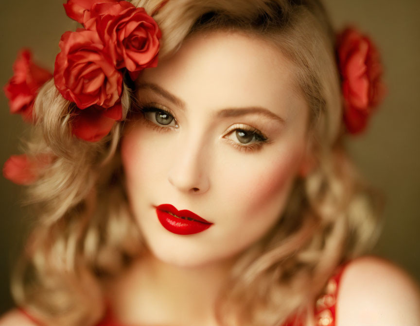 Blonde Woman with Red Flowers and Lipstick Portrait