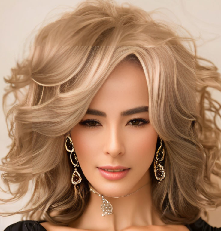 Blonde woman with wavy hair and black jewelry gazes ahead