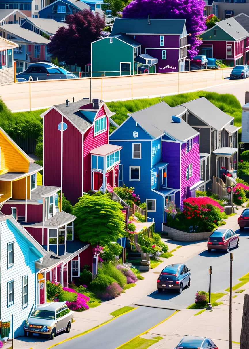 Colorful Street with Narrow Houses, Green Lawns, and Blooming Flowers