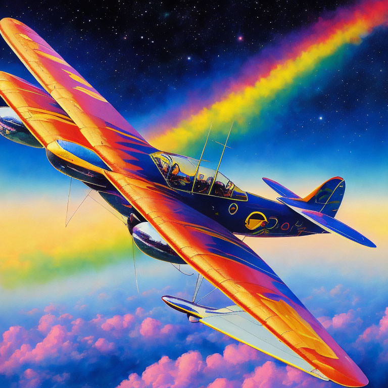 Colorful biplane flying in surreal rainbow sky