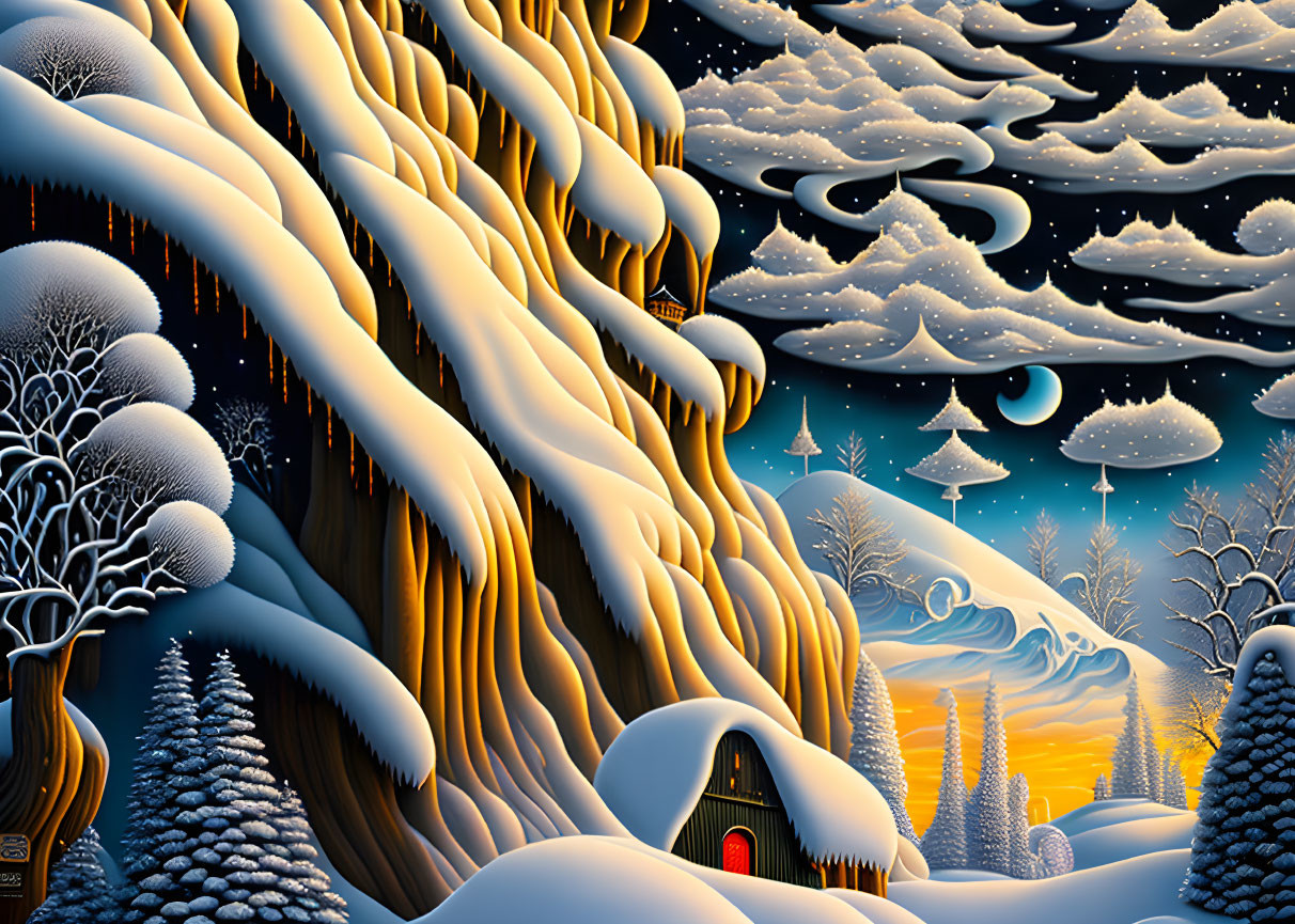 Snow-covered hills, crescent moon, cozy cabin in surreal winter night scene