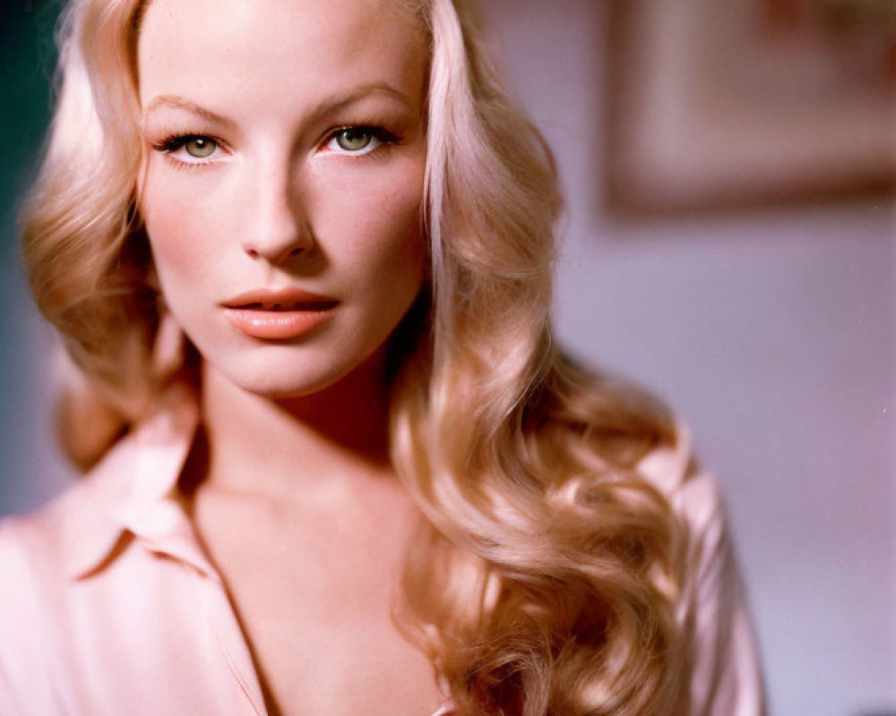 Blonde woman with wavy hair and red lipstick in pink blouse