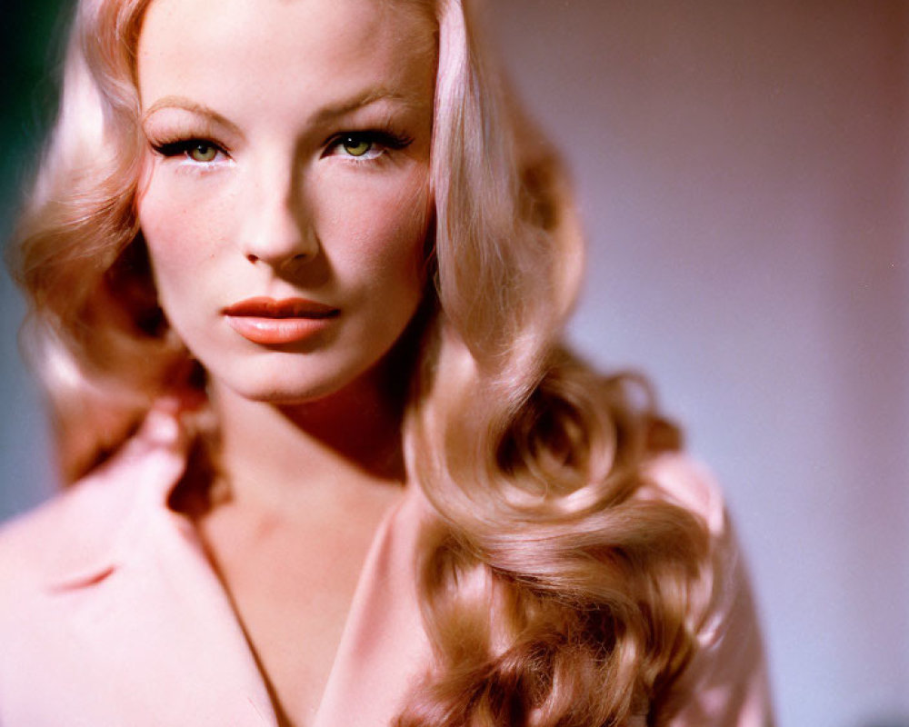 Blonde Woman in Pink Blouse with Wavy Hair