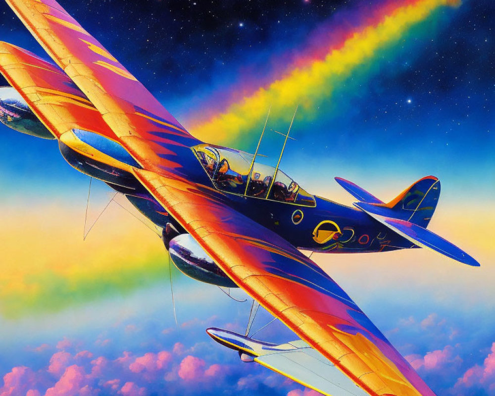 Colorful biplane flying in surreal rainbow sky