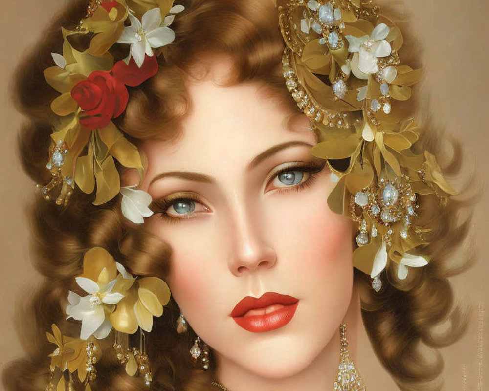 Vintage style painting of a woman with blue eyes, red lips, ornate hair, flowers, and