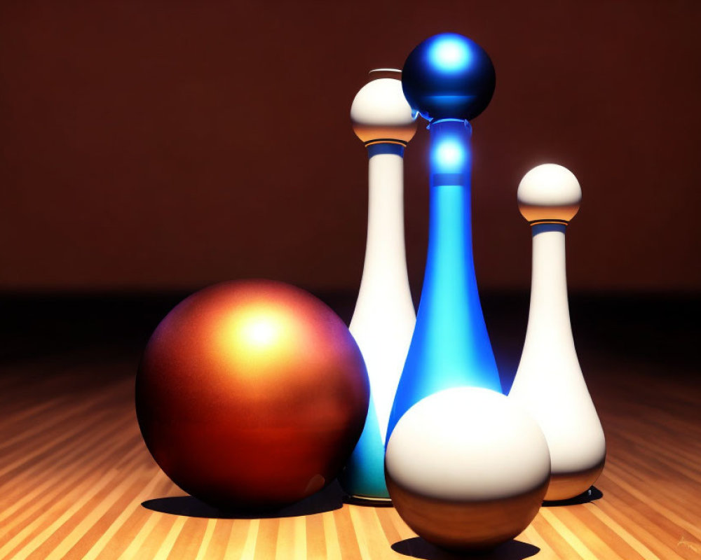 Shiny orange bowling ball and white pins on wooden alley with blue stripes