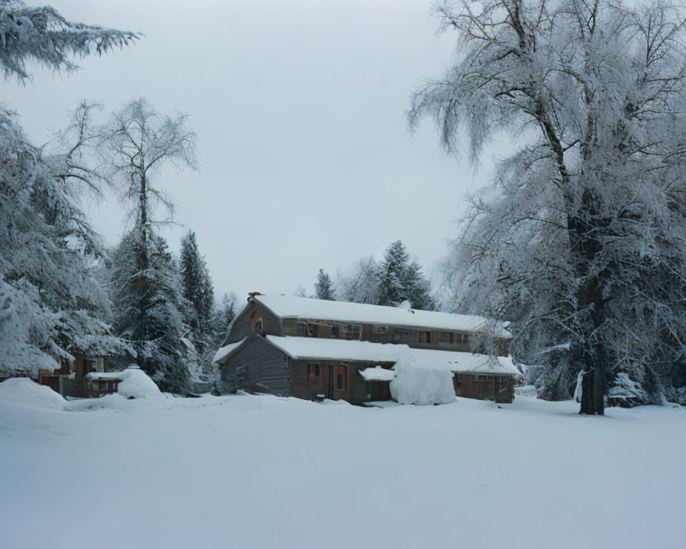 Snow-covered trees and wooden cabin in tranquil winter scene