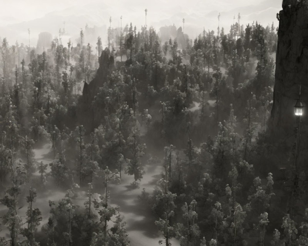 Grayscale image of misty forest with tall trees and watchtower with visible light