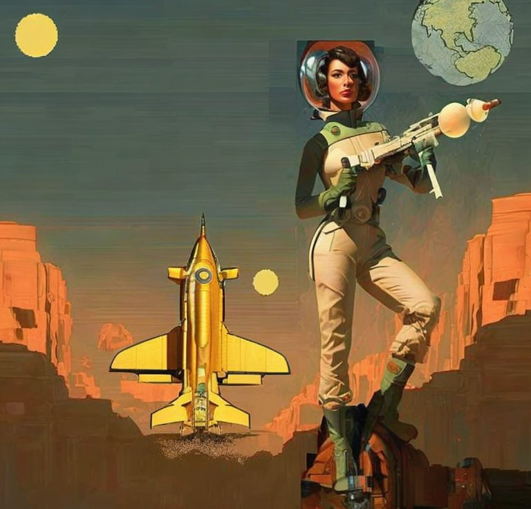 Female astronaut with blaster on alien landscape with spaceship and two moons.