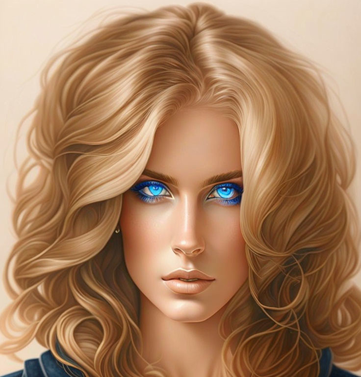 Detailed illustration of person with voluminous wavy blond hair and striking blue eyes.