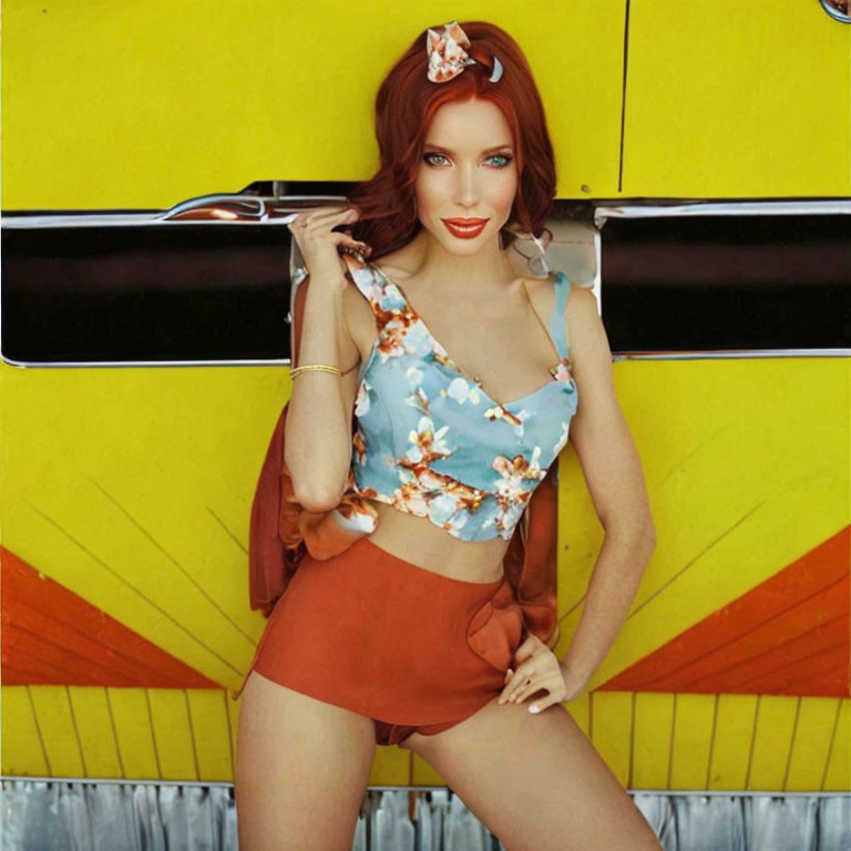 Red-Haired Woman in Floral Crop Top and Rust Shorts by Yellow Bus