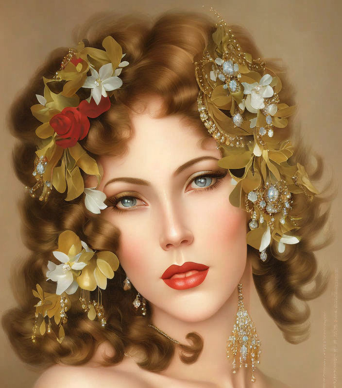 Vintage style painting of a woman with blue eyes, red lips, ornate hair, flowers, and