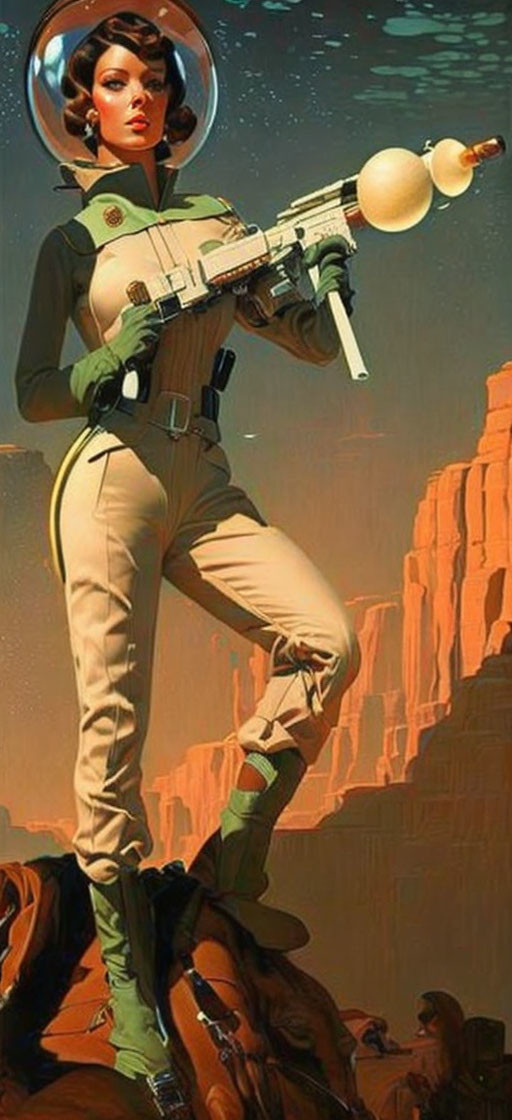 Retro-futuristic astronaut with sleek space helmet on rocky Mars-like terrain