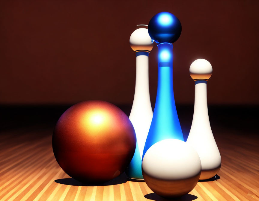 Shiny orange bowling ball and white pins on wooden alley with blue stripes