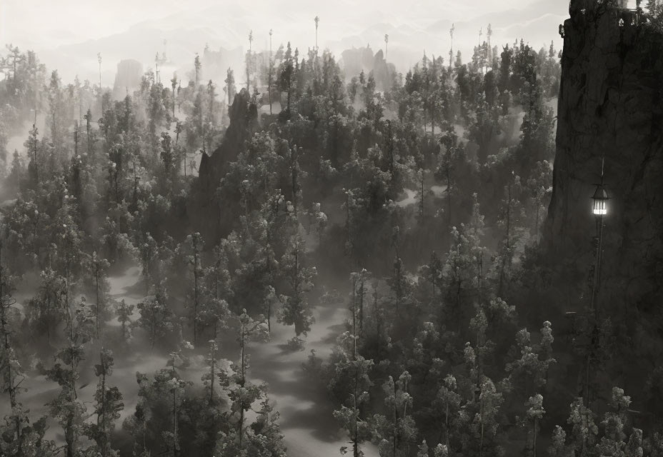 Grayscale image of misty forest with tall trees and watchtower with visible light