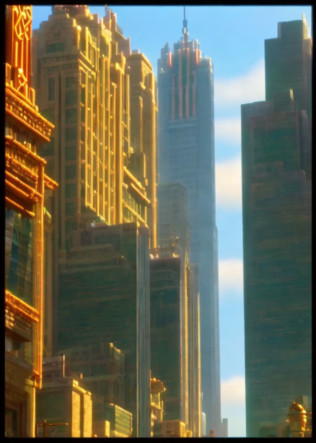 Modern skyscrapers under clear sky with warm tones and reflections.