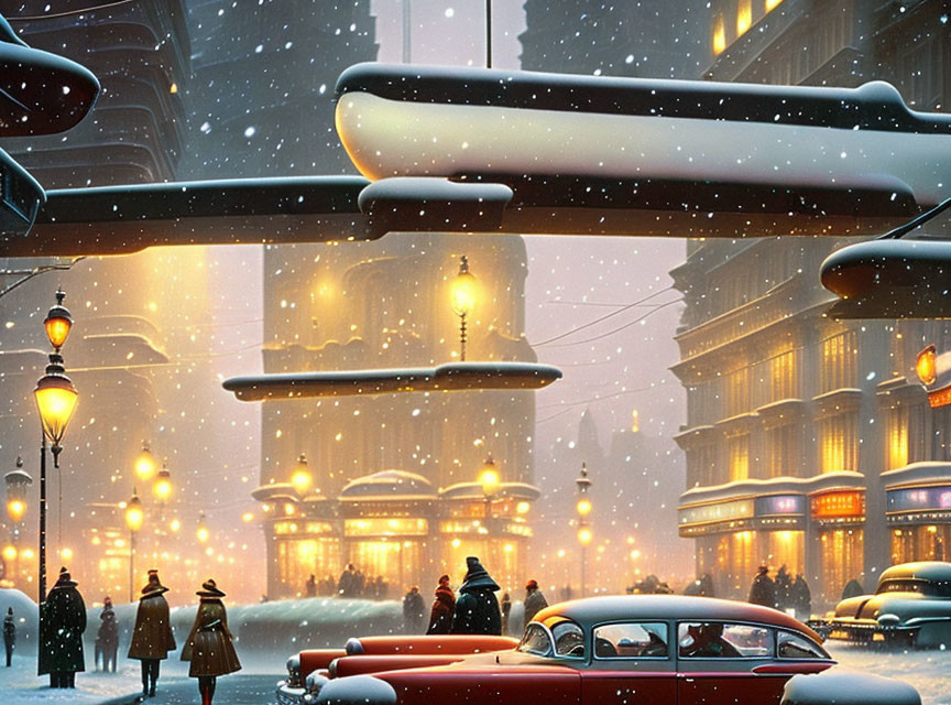 Vintage city winter scene: snowfall, street lamps, classic cars, people in overcoats.