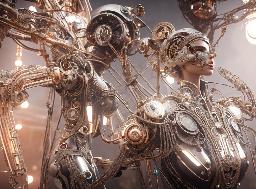 Futuristic female android with intricate metal details on warm glowing backdrop