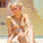 Woman with flower in hair at beach in pastel bikini and jewelry