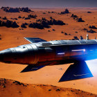 Futuristic spacecraft on red alien planet with orange sky