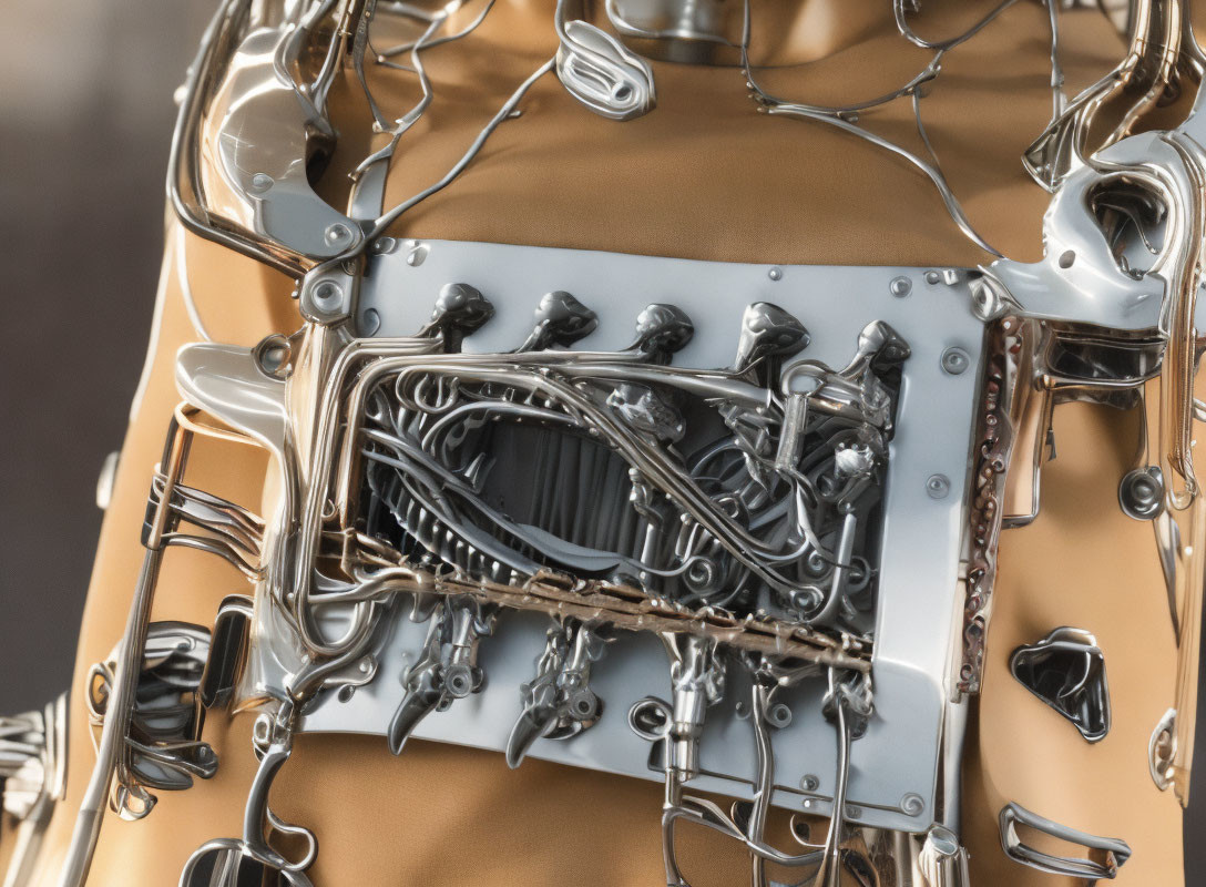 Detailed Mechanized Torso with Metallic Components and Wiring