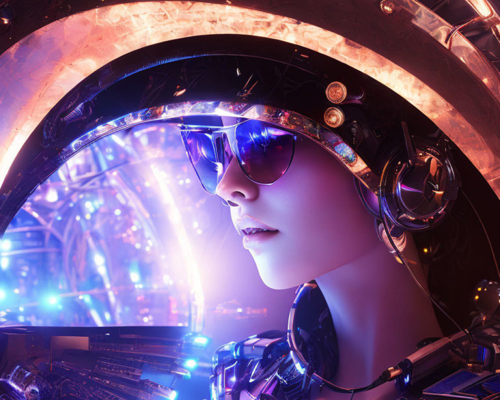 Futuristic portrait with sunglasses, headphones, and tech attire on neon-lit cybernetic backdrop