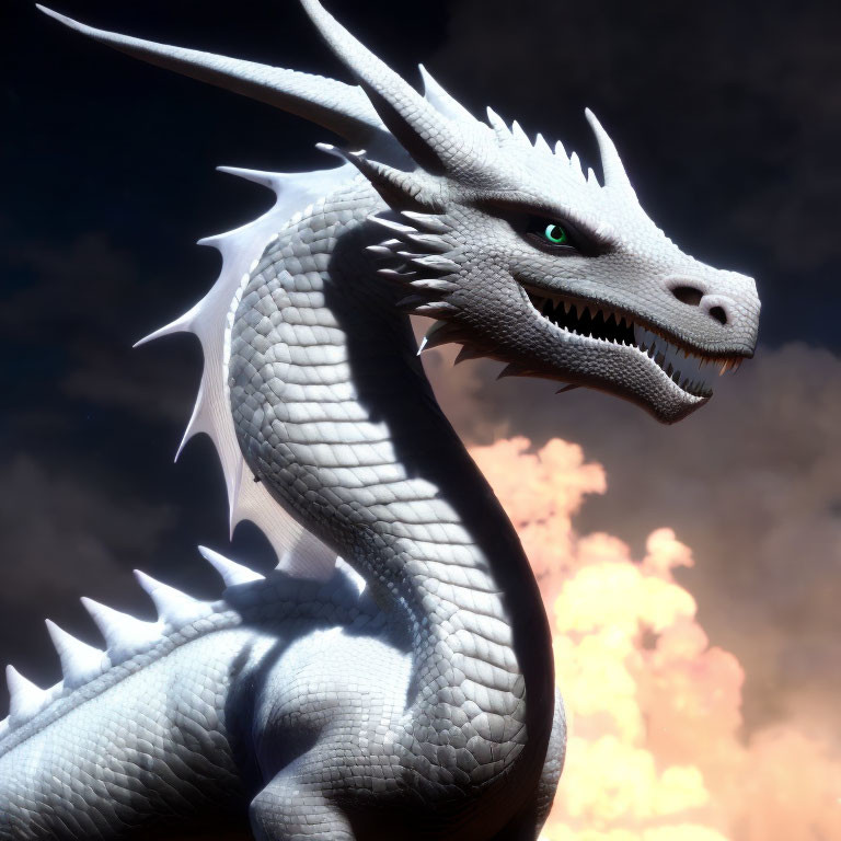 White Dragon with Green Eyes and Spikes in Dramatic Cloud Setting