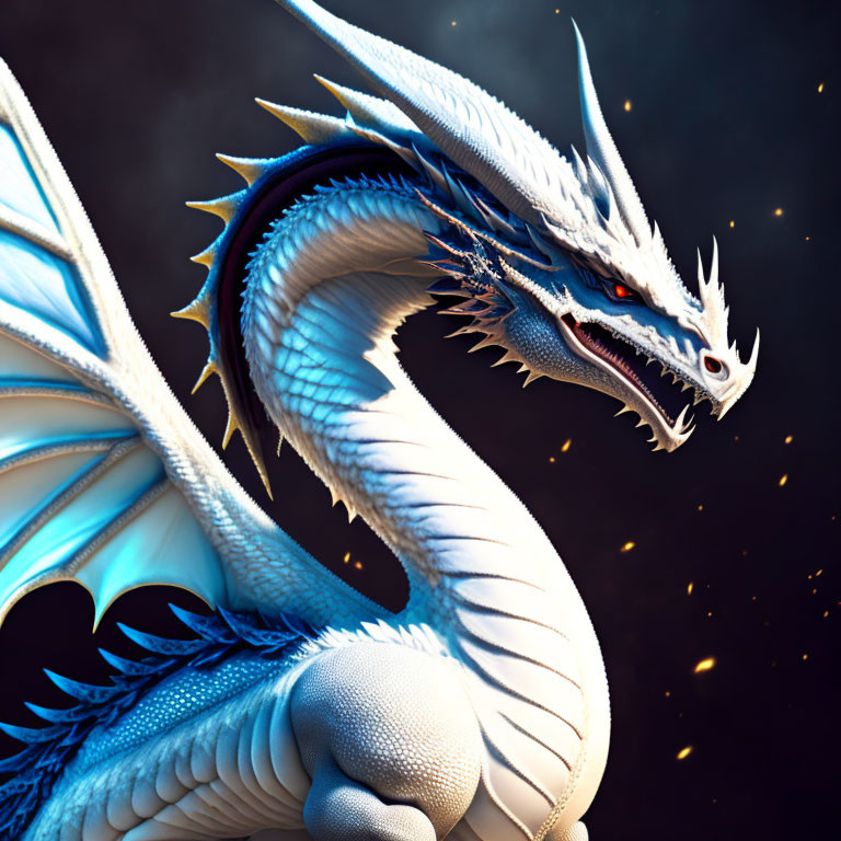 White and Blue Dragon with Horns and Red Eyes in Dark Setting