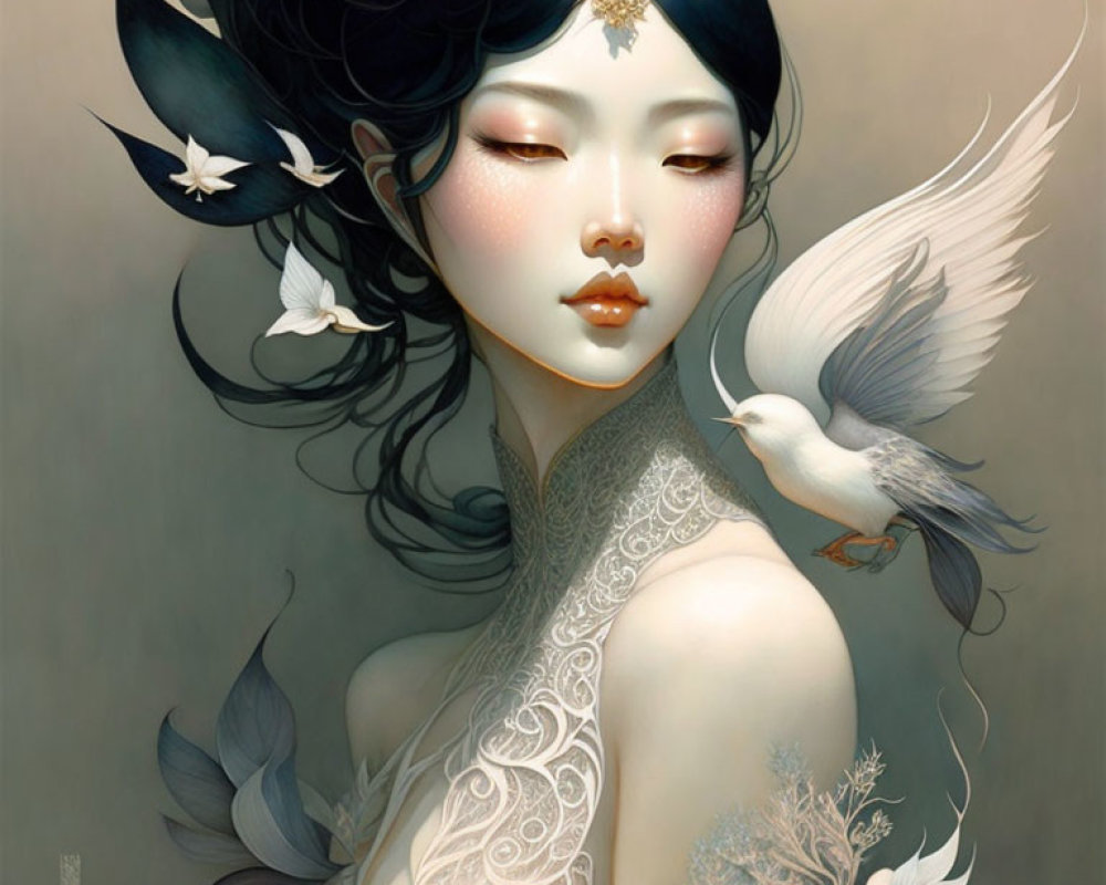 Ethereal illustration of woman with dark hair, birds, flowers, lace pattern