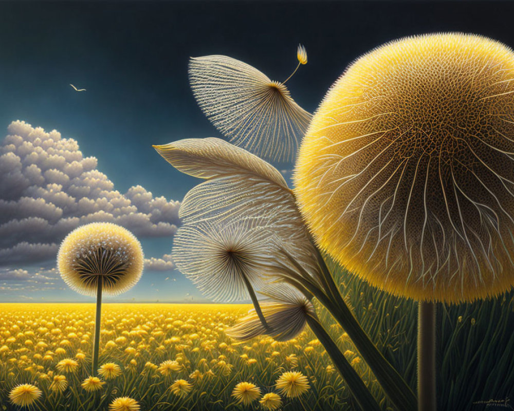 Artwork featuring oversized dandelions in a field with dispersing seeds, dramatic sky, and flying