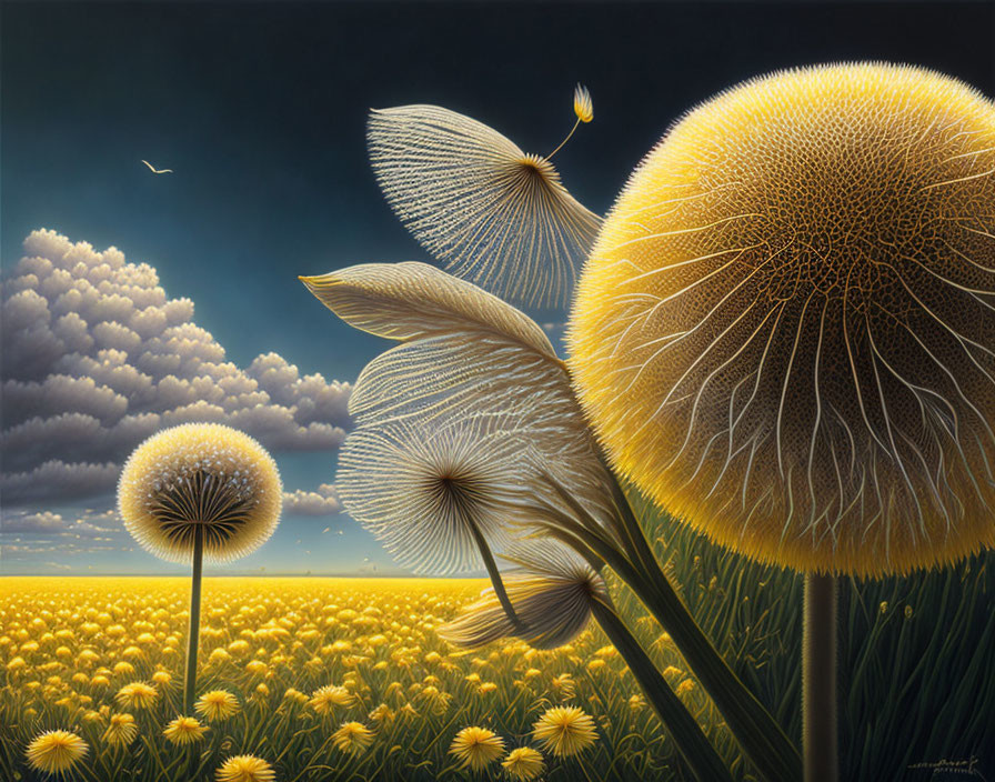 Artwork featuring oversized dandelions in a field with dispersing seeds, dramatic sky, and flying